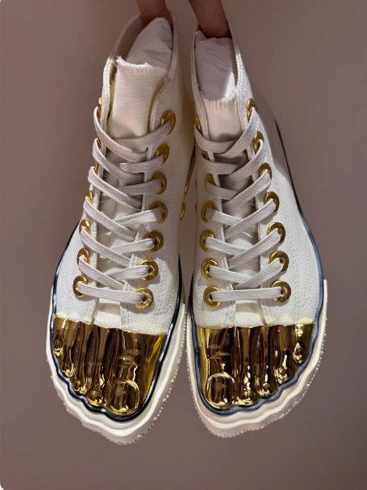 Men Women's High Top Canvas Sneakers Metallic Gold Toe Cap Lace-Up Casual Streetwear Shoes Comfortable Flat Platform Fashionable