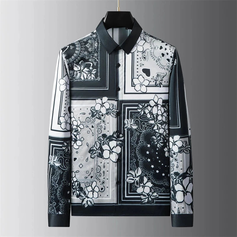 High-end men's shirt printed men's shirt long-sleeved lapel shirt daily outdoor shopping comfortable fabric large size xs-6xl
