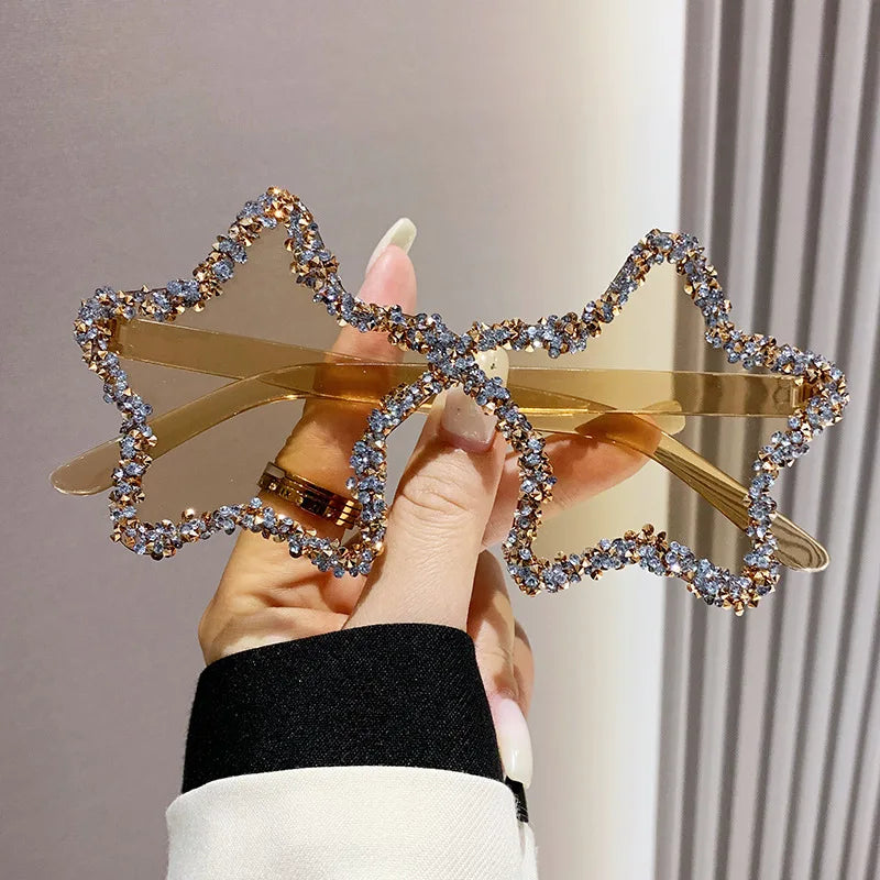 Luxury Diamond Star Shape Sunglasses Women Trends Rhinestone Shiny Sun Glasses Ladies Punk Rimless Style Eyewear gafas de sol