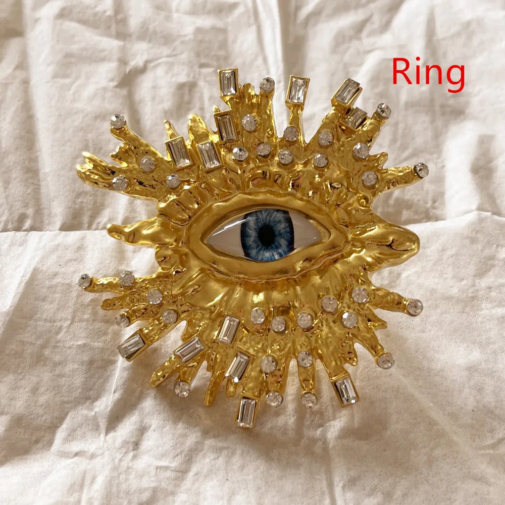Baroque Style Metal Golden Plated Eyes Tassel Dangle Earrings Ring Brooch For Women Fashion Jewelry Exaggerated Accessories