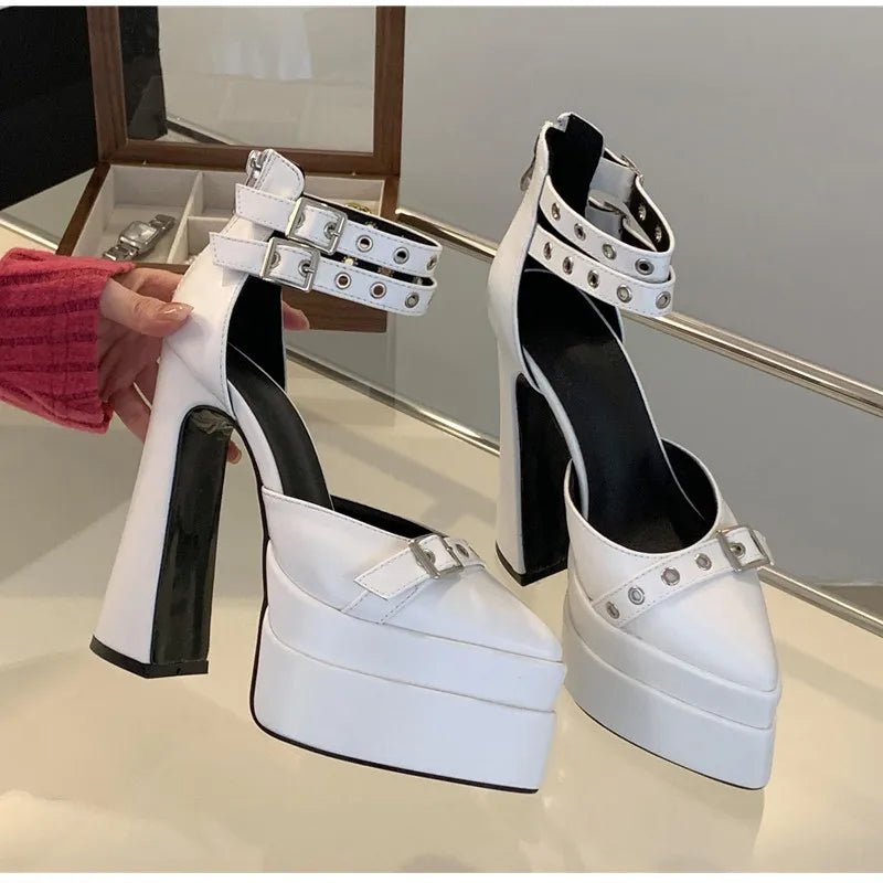 Runway style 15cm Ultra High heels Platform Wedges Women Pumps Fashion Rivet Ankle Strap Thick Heeled Spring Summer Chunky Shoes