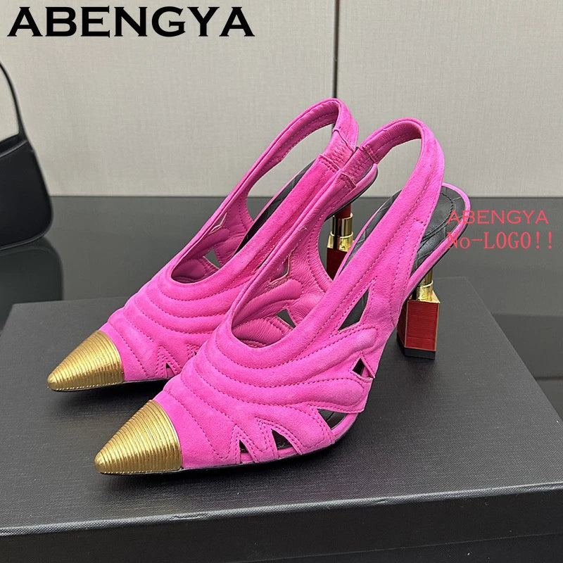 Fashion Strange High Heels Sandals Women Metal Pointy Toe Suede Slingbacks Pumps Summer Sexy Party Wedding Brides Shoes Female