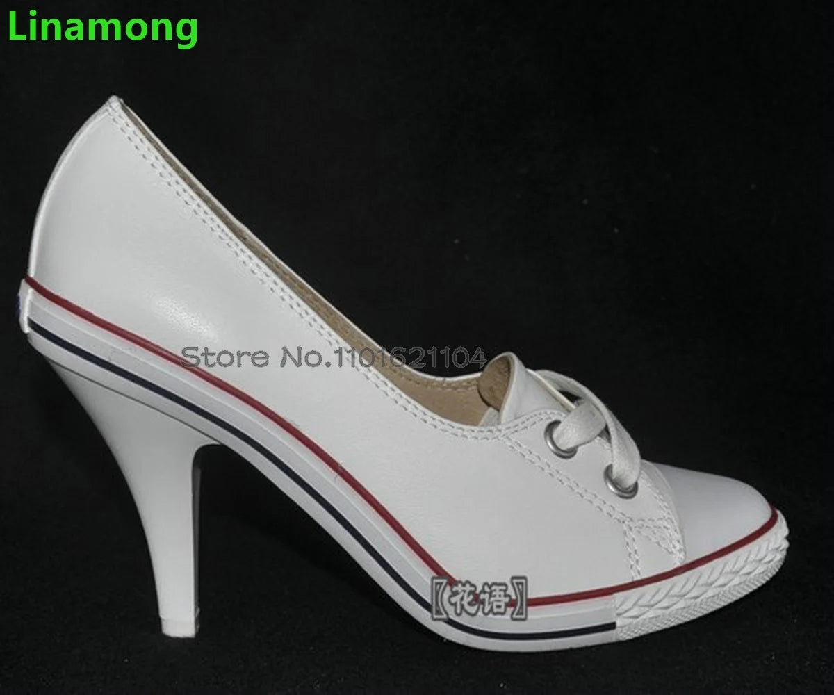 Round Toe Thin High Heel Leisure Pumps For Female Women 2024 Spring New Lace-up Shallow Handamde Mixed Colors Heightened Shoes