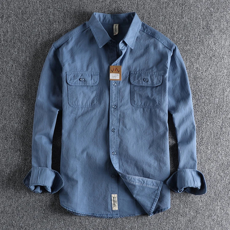 Autumn New American Retro Twill Woven Cargo Shirt Men's Fashion Pure Cotton Washed Old Long Sleeve Double Pocket Casual Blouses
