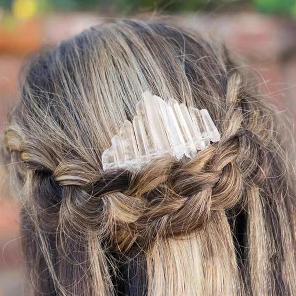 Natural Crystal Point Crown Hair Comb Transparent Quartz Crown Hair Band Bride Wedding Ornament Hairpin Craft Woman Jewelry