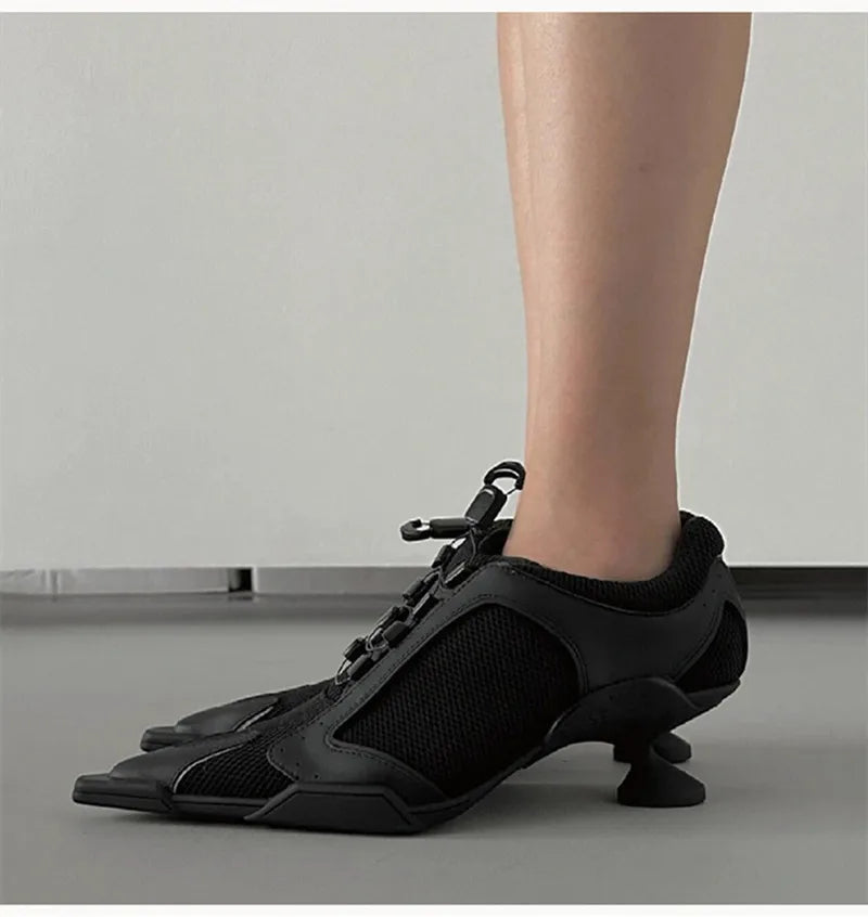 Sport Style Fashion Mixed-color Pointed toe Women Pumps Spring Autumn Breathable Mesh Strange High heels Casual Sneakers Shoes