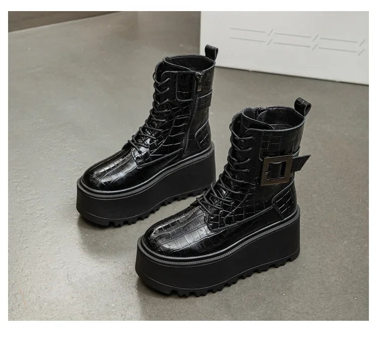 Fujin 8cm New Women Combat Boots Ankle Booties Platform Sneakers Spring Autumn Warm Fur Winter Genuine Leather Women Shoes Boot