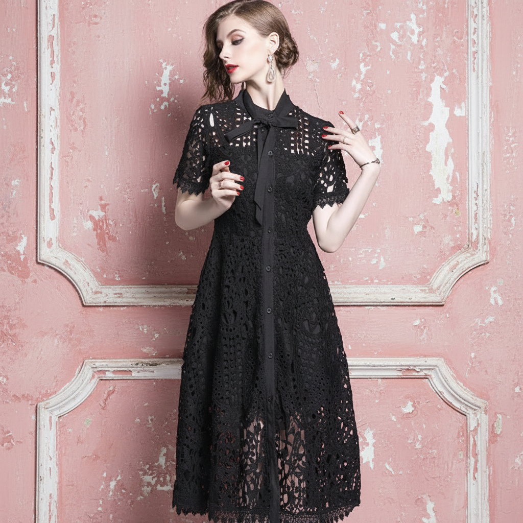 Summer Women Lace Sweet Sexy Dress Hollow Out Half High Collar Short Sleeve Single-breasted High Waist Slim Vintage Midi Dresses