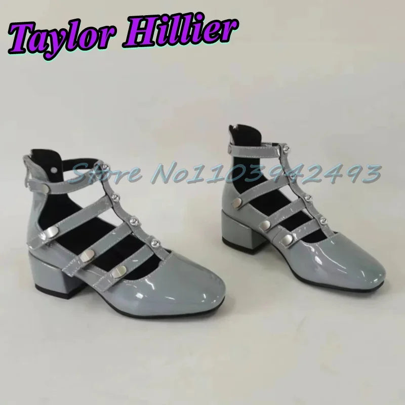 Gladiator Green Heeled Sandals Rivets Women Designer Luxury Shoes Patent Leather Solid Sandalias De Mujer Roman Strappy Palace