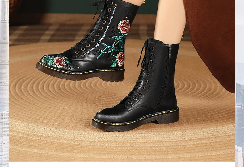 Ods Handmade Embroidery Rose Flower Retro Lace-up Mt Woman Genuine Leather Round Toe British Style Ankle Boots Big Size 40414243