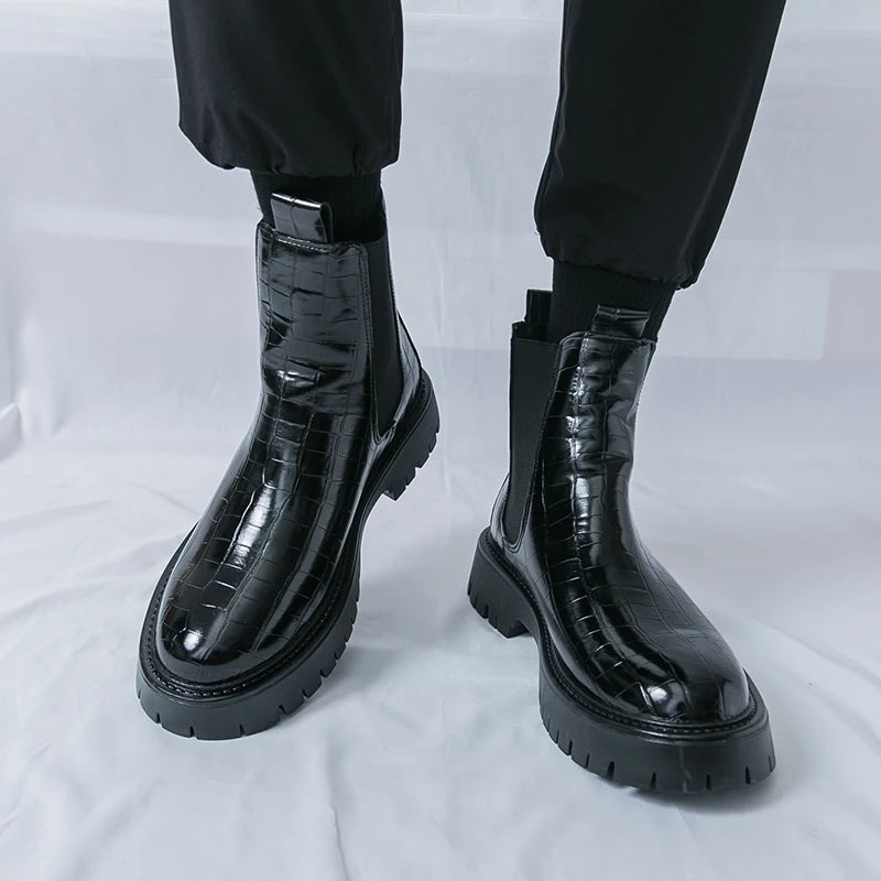 2025 Fashion Brand Men's Comfortable Fit Thick Soled Chimney Boots Autumn New High Top Chelsea Boots Plus Large Workwear Boots