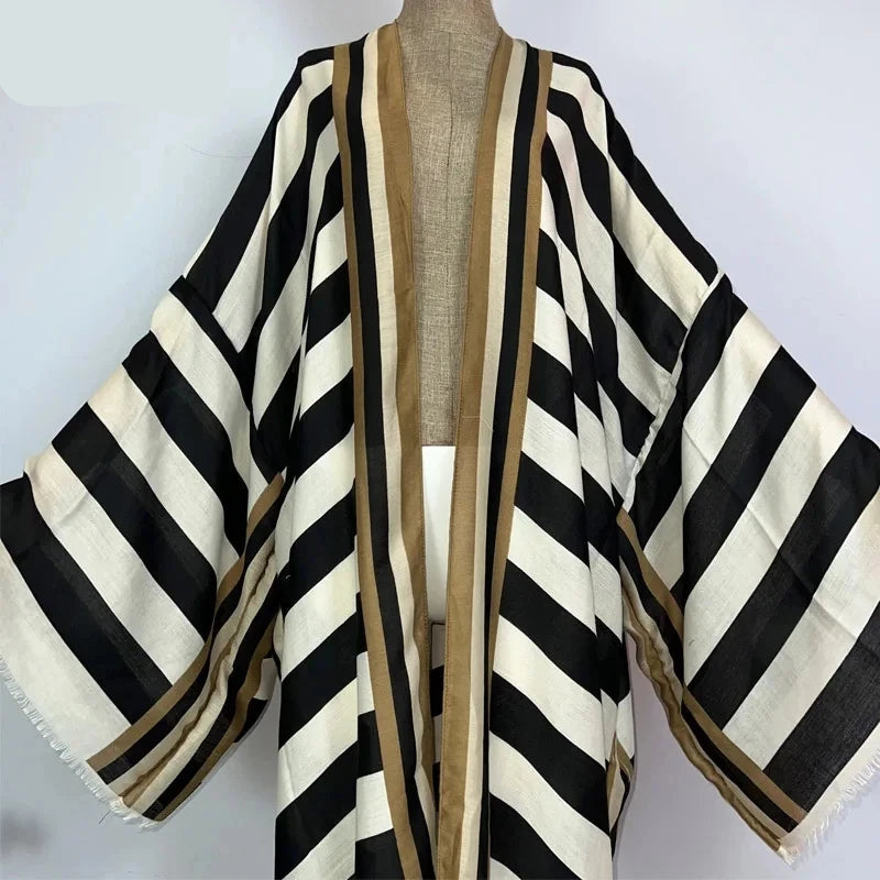 WINYI Kimono Africa Summer Boho Stripe Print Beach Swimwear Elegant Cardigan Sexy Holiday Maxi Beach Wear Swimsuit Evening Dress
