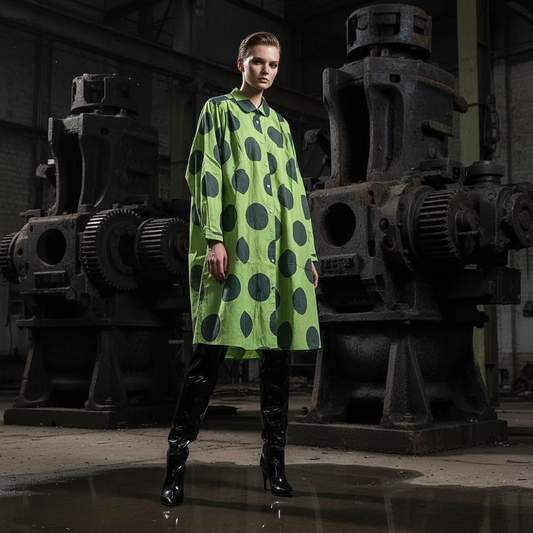 Bust 118cm Middle Aged Women Fall Clothes Japan Style Green Polka Dot Print Pure Cotton Shirt Dress for Women Autumn Loose Dress
