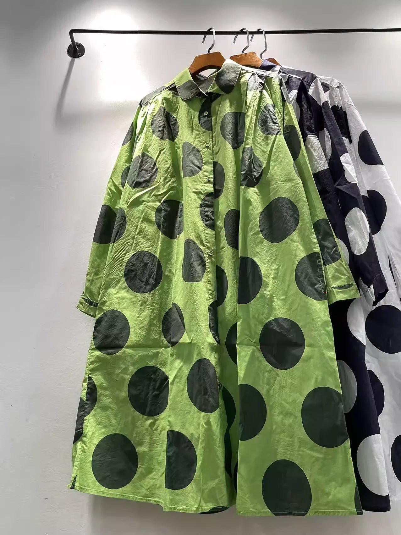 Bust 118cm Middle Aged Women Fall Clothes Japan Style Green Polka Dot Print Pure Cotton Shirt Dress for Women Autumn Loose Dress