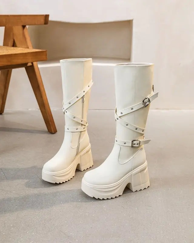 Fujin 10cm Microfiber Women Boots British Boots ZIP Synthetic Leather Ankle Spring Platform Wedge Knee High Fashion Autumn Shoes
