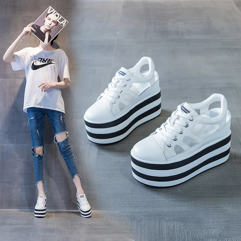 Fujin 12cm Platform Wedge Shoes Sandals for Women Sneakers Summer Shoes Hollow Cut Summer Sneakers Genuine Leather
