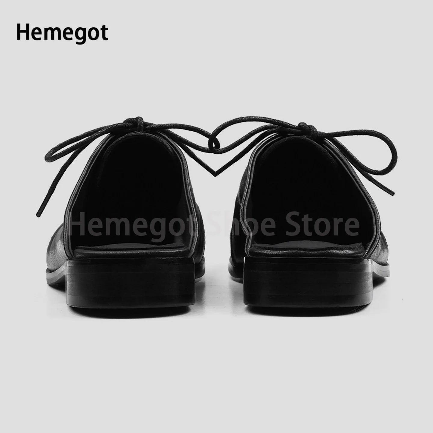 Black Leather Mules Slippers Men's Shoes Square Toe Lace-Up Flats Wear-Resistant Solid Color Casual Shoes Handmade Men's Shoes