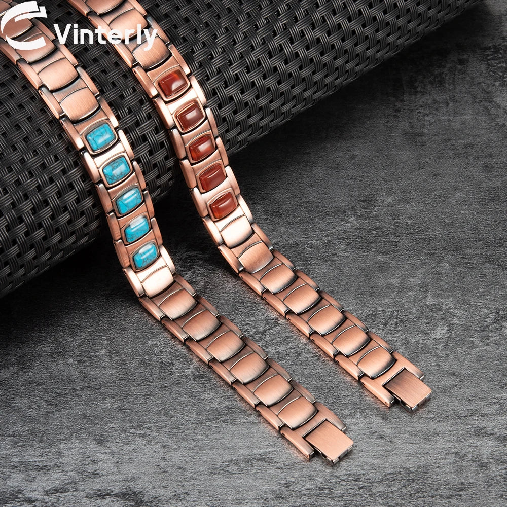 Pure Copper Magnetic Bracelet for Men Vintage Artificial Turquoise 14mm Wide Bracelets Benefits Chain Link Jewelry Waterproof
