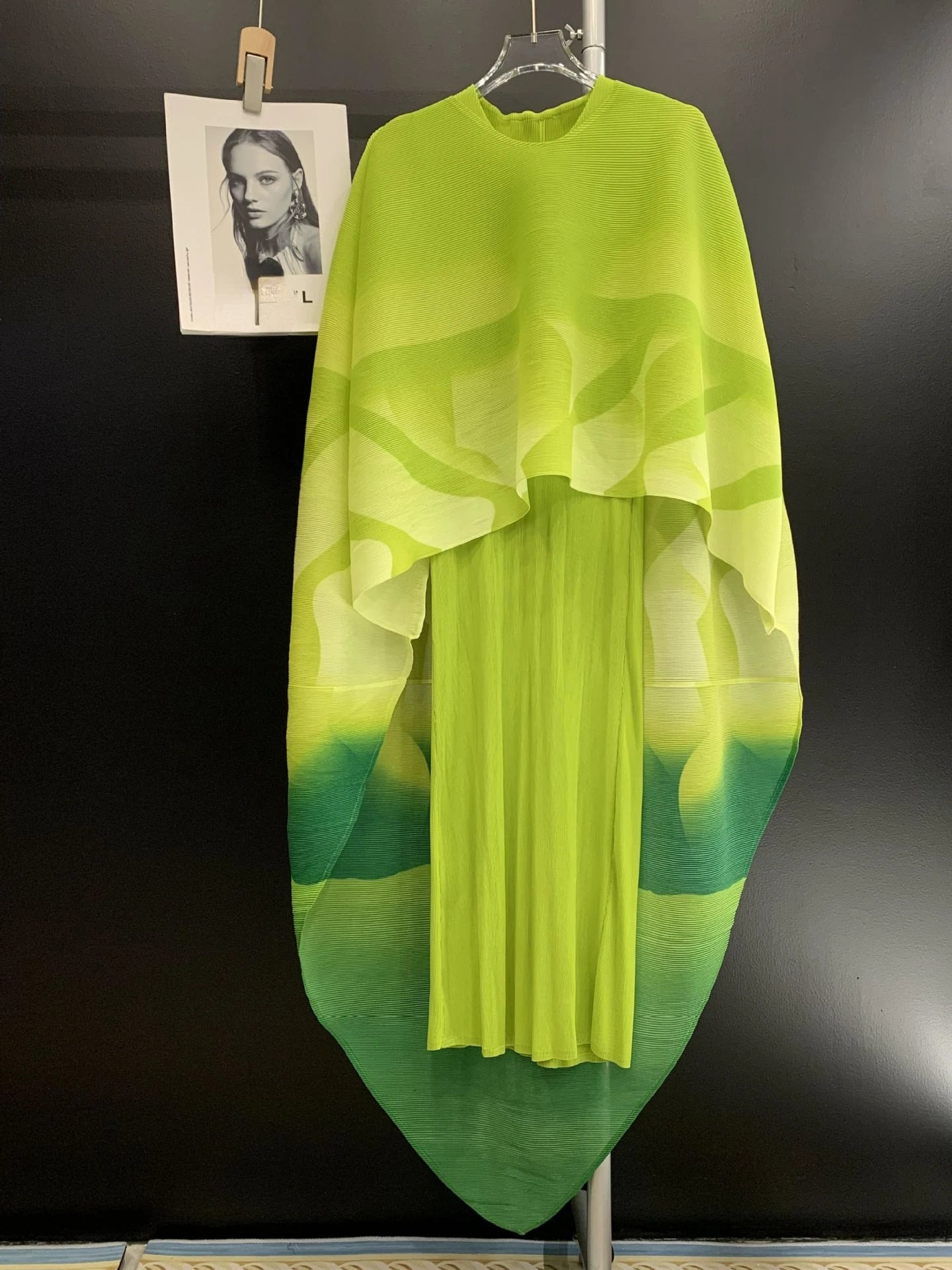 Miyake Folded Fashionable and Elegant Women's Long Skirt, Temperament Skirt, Round Neck Printed Shawl, Two Piece Dress Set