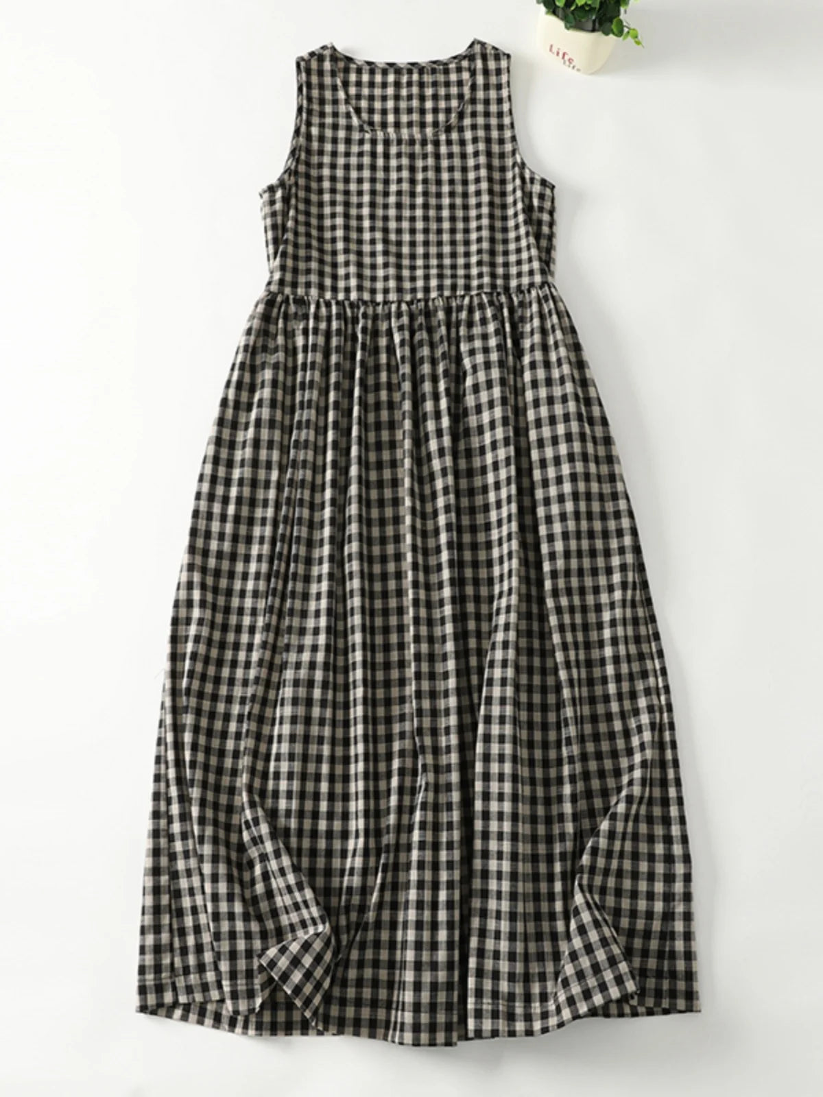 Retro Japanese Sle Linen Plaid Vest Dr Women Summer Loose Cotton Linen Svel Midi Dr A-Line Skirt round Ne