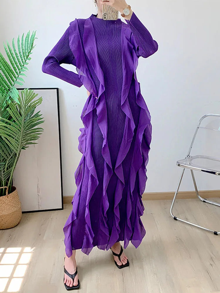 Miyake Pleated Fashion Dress O-Neck Long Sleeve Spliced Ruffles New 2023 Summer Evening Party Clothing Lady Middle East HotSales