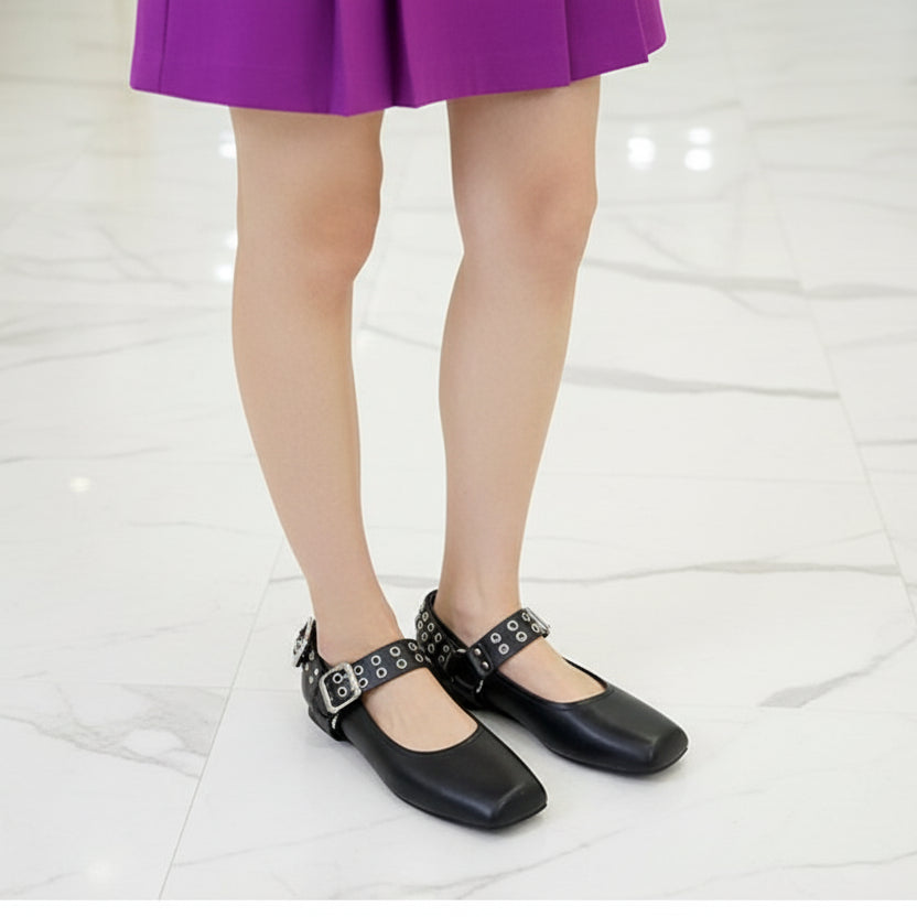 Fashion Square toe Rivet Metal buckle Women Ballet Flats Comfortable Soft Leather Mary Janes Boats Loafers Casual lazy Shoes