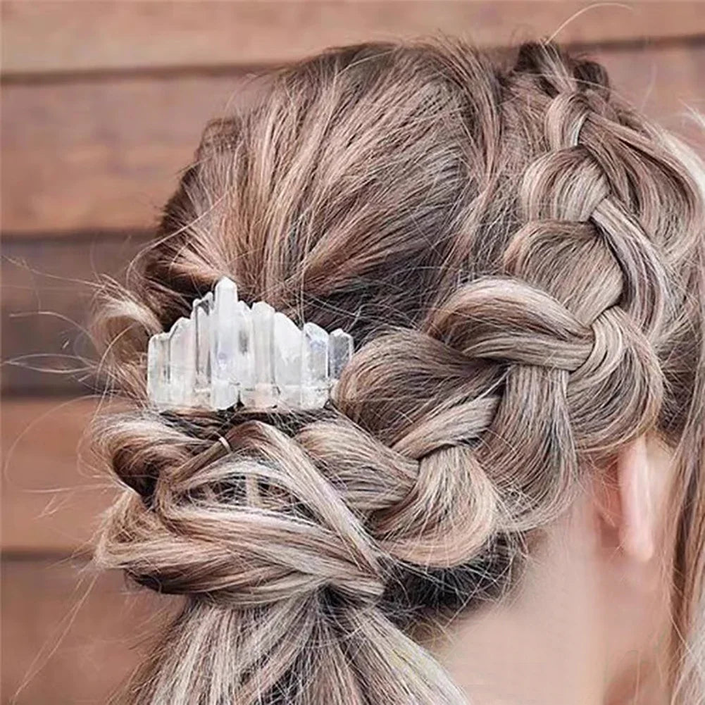 Natural Crystal Point Crown Hair Comb Transparent Quartz Crown Hair Band Bride Wedding Ornament Hairpin Craft Woman Jewelry