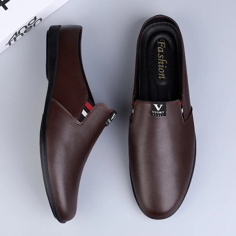 Men's Leather Black Half Leather Shoes Fashion Non-slip Half Trailer Men Sandals Moccasin Breathable Soft Flats Men Driving Shoe