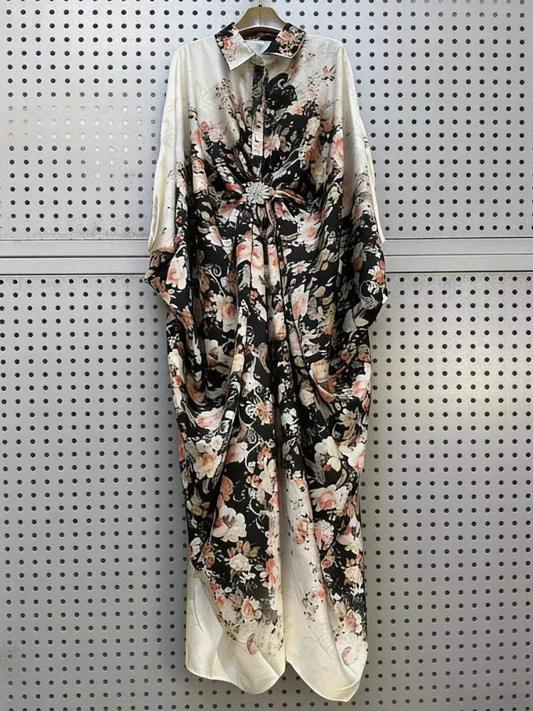 Retro tie dye printed diamond button pleated lapel pullover dress, fashionable loose plus size women's irregular shirt skirt