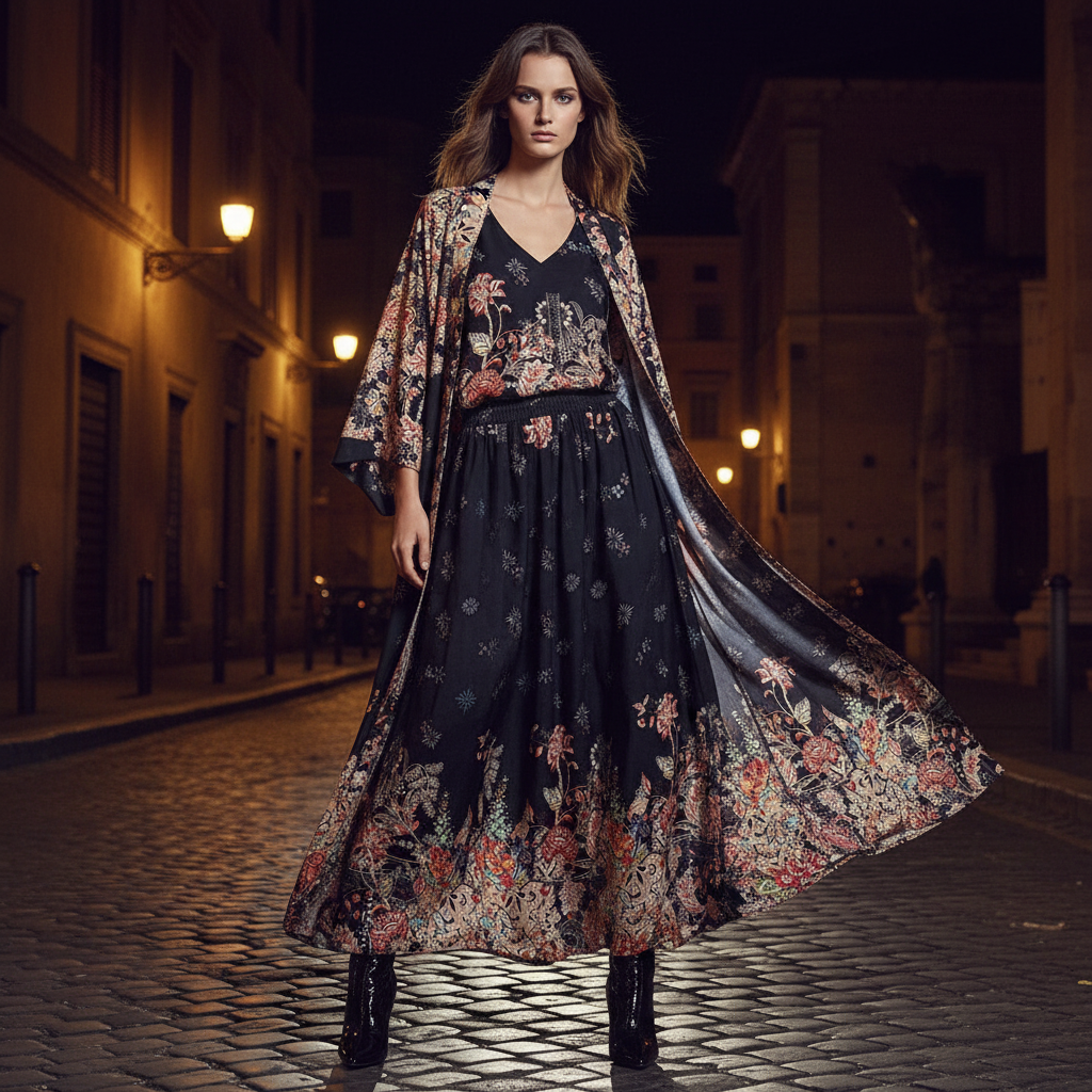 Retro positioning printed long cardigan+vest three piece set 2026 spring women's clothing+loose pants skirt fashion set