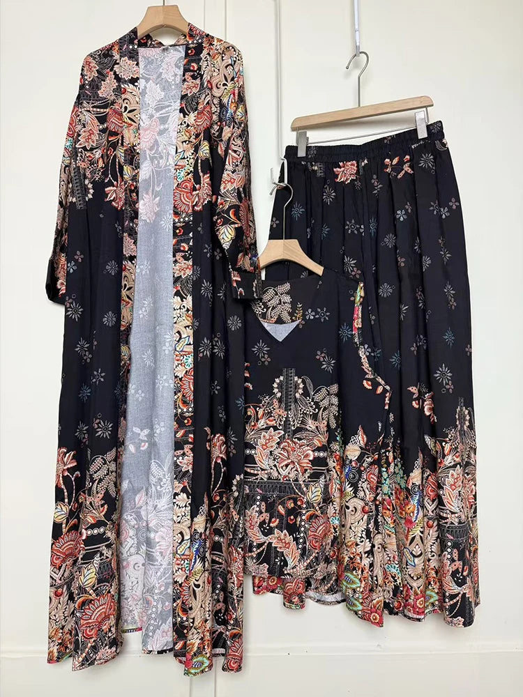 Retro positioning printed long cardigan+vest three piece set 2026 spring women's clothing+loose pants skirt fashion set