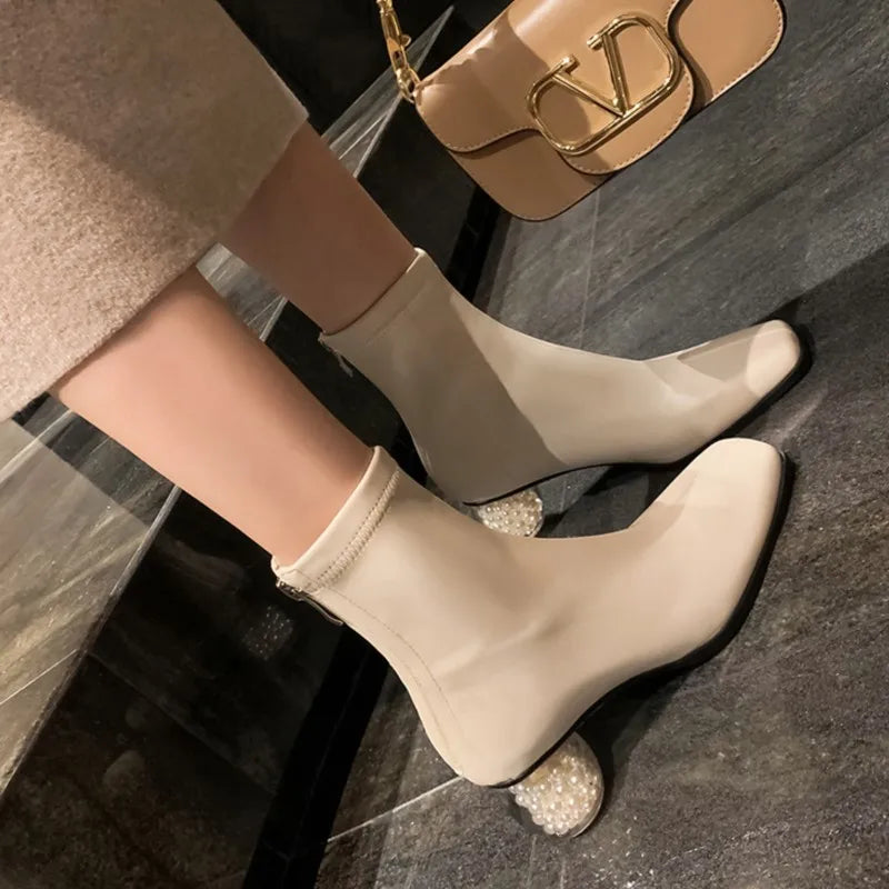 Stretchable Short Boots Women Square Toe Pearl Heels Young Ladies Fashion Ankle Boots Female Party Dating Shoes