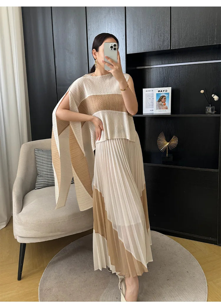 Miyake Pleated Two Piece Skirt Sets Women Sleeveless Irregular T-shirt Long Contrasting Color Skirt