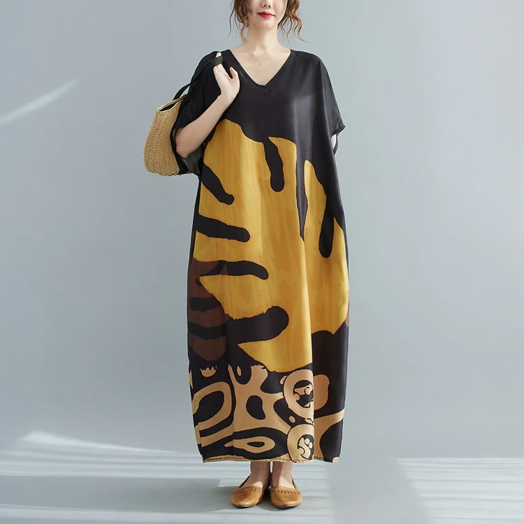 Faionable V-ne Printed Casual ort-sved Long Dr plus Size Women's New Sle  Ele Aosphere Korean Version