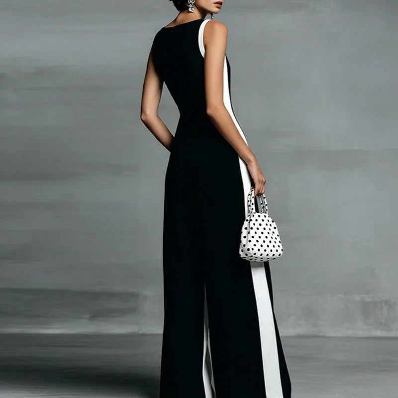 Women's Sexy Deep V Neck Wide Leg Pants Jumpsuit Spring Elegant Striped Print Patchwork Romper Summer Sleeveless Zipper Overalls