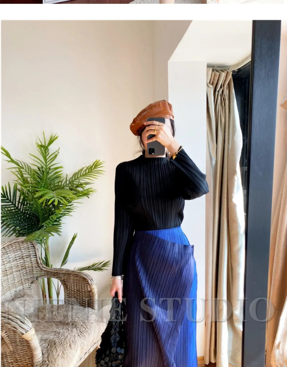 Miyake Pleated Skirt High Waist One Button Stitching Long Asymmetrical Skirt Two Piece Straight Korea Fashion Aesthetic Clothes