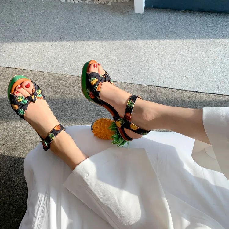 Sweet Lady Pineapple Heels High Heels Women's Thick Bottom Water Platform Printed Fabric Personalized Ultra High Heels Oversize