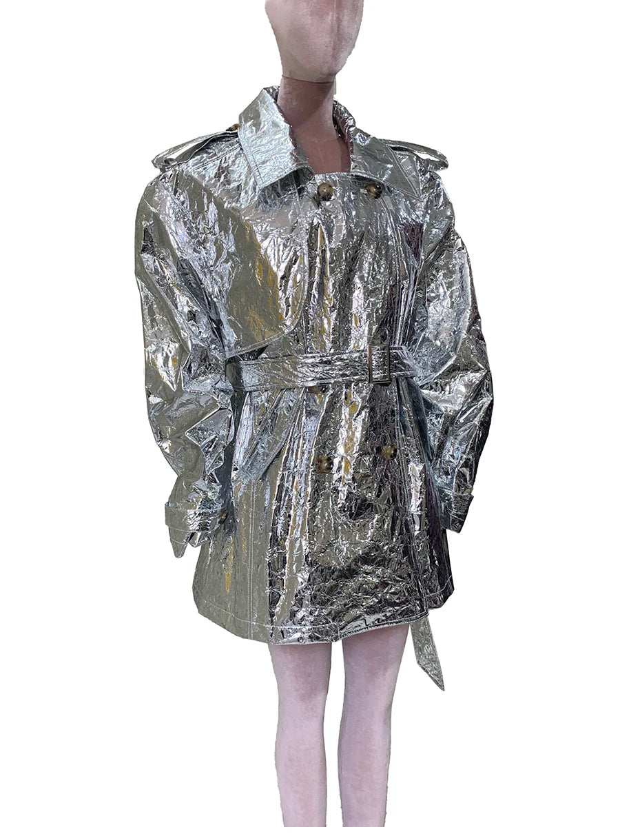 Spring Autumn Cool Oversized Shiny Silver Trench Coat for Women Belt Long Sleeve Loose Luxury Designer Clothes Y2K Streetwear