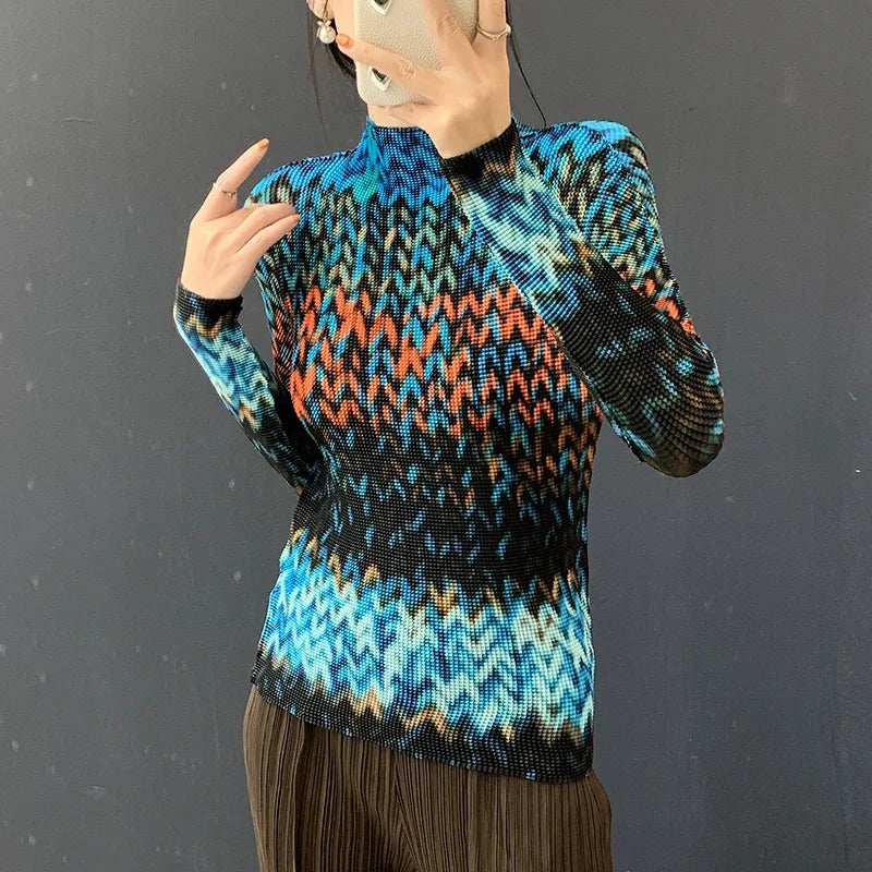 Miyake Pleated 2026 Spring and Summer New Fashion Tops Women's Long-sleeved Half-high Collar Printed T-shirt Bottoming Shirt
