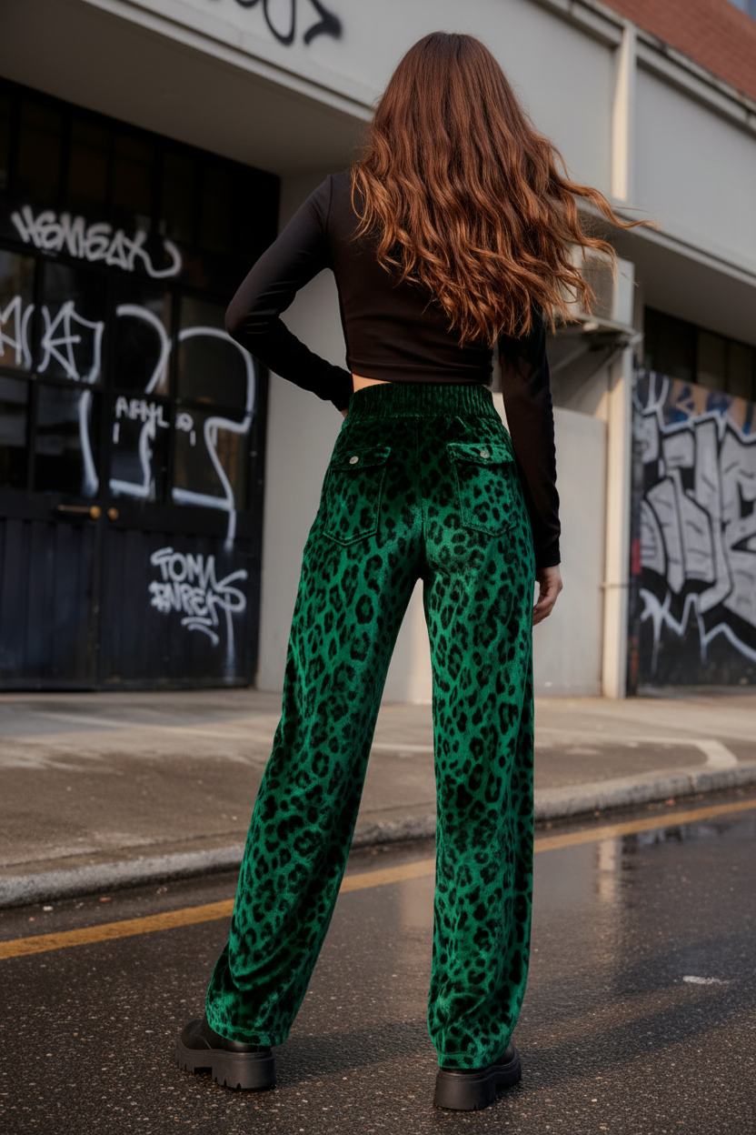 Limiguyue Green Leopard Velvet Pants Pocket Women High End Ankle-Length Trousers Slim Waist Casual New Straight Pant Winter 924A