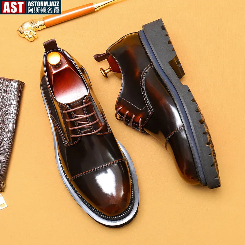 Patent Leather Mens Business Derby Shoes Luxury Brand Handmade Genuine Leather Fashion Designer Platform Wedding Dress Shoes Man