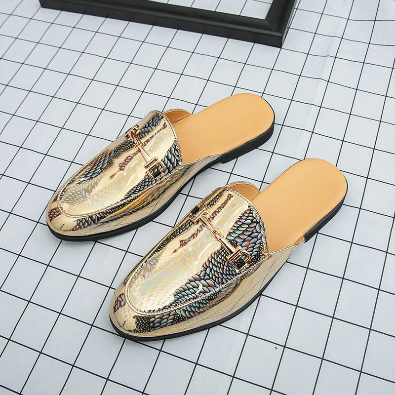 Fashion Brand Men's Cool Snake Skin Pattern Comfortable Half Back Leather Shoe Summer Men Breathable Bottom Casual Leather Shoes
