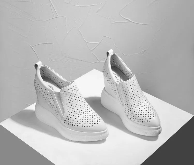 High Heels Hollow Out Shoes Casual Black White Women Sneakers Leisure Platform Shoes Slip-On Breathable Height Increasing Shoes