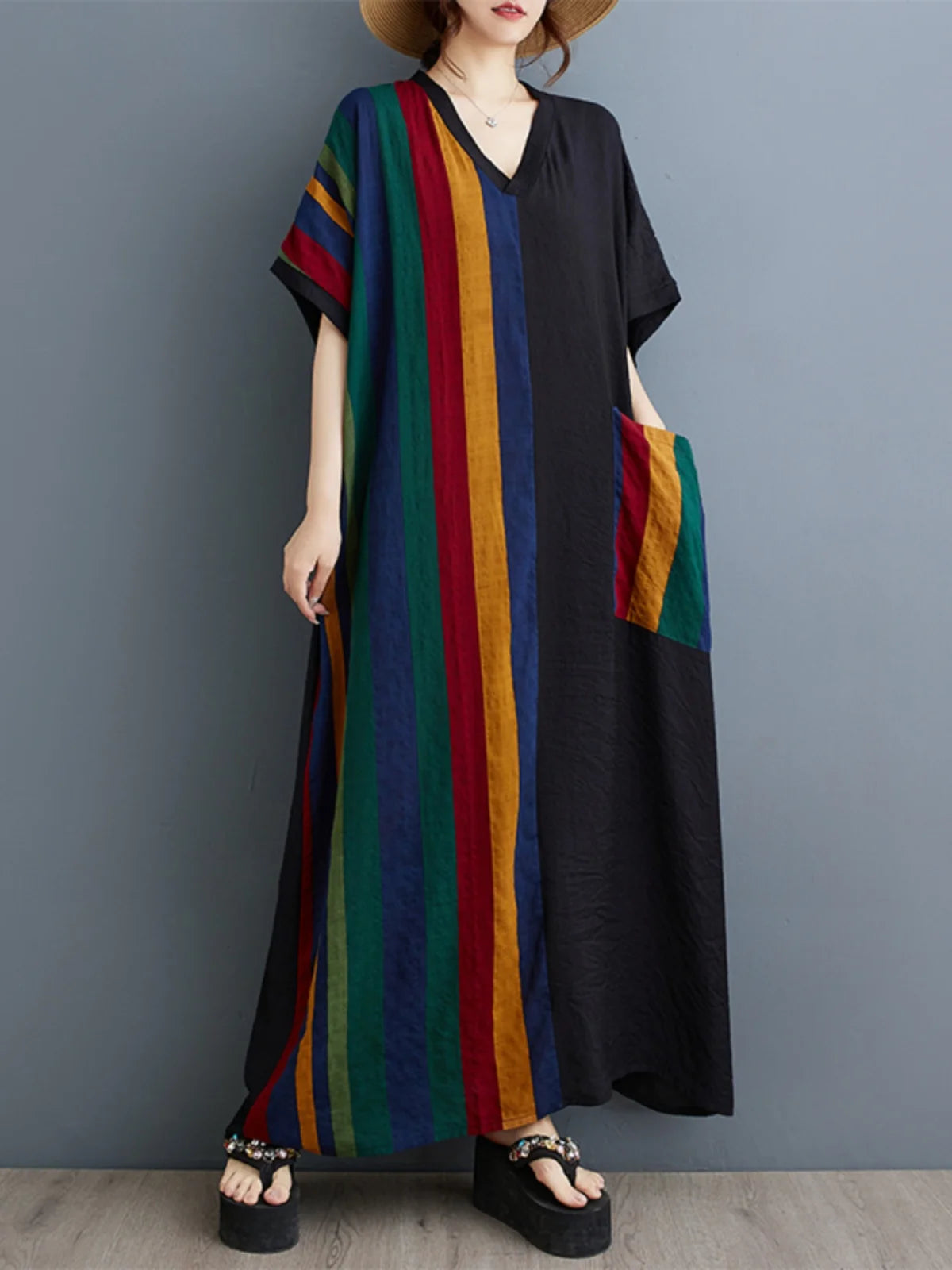 Long V-Ne ort Sve Printed Slimming Cotton Linen Dr Color Blo Casual Loose Fit Summer Faion plus Size Women