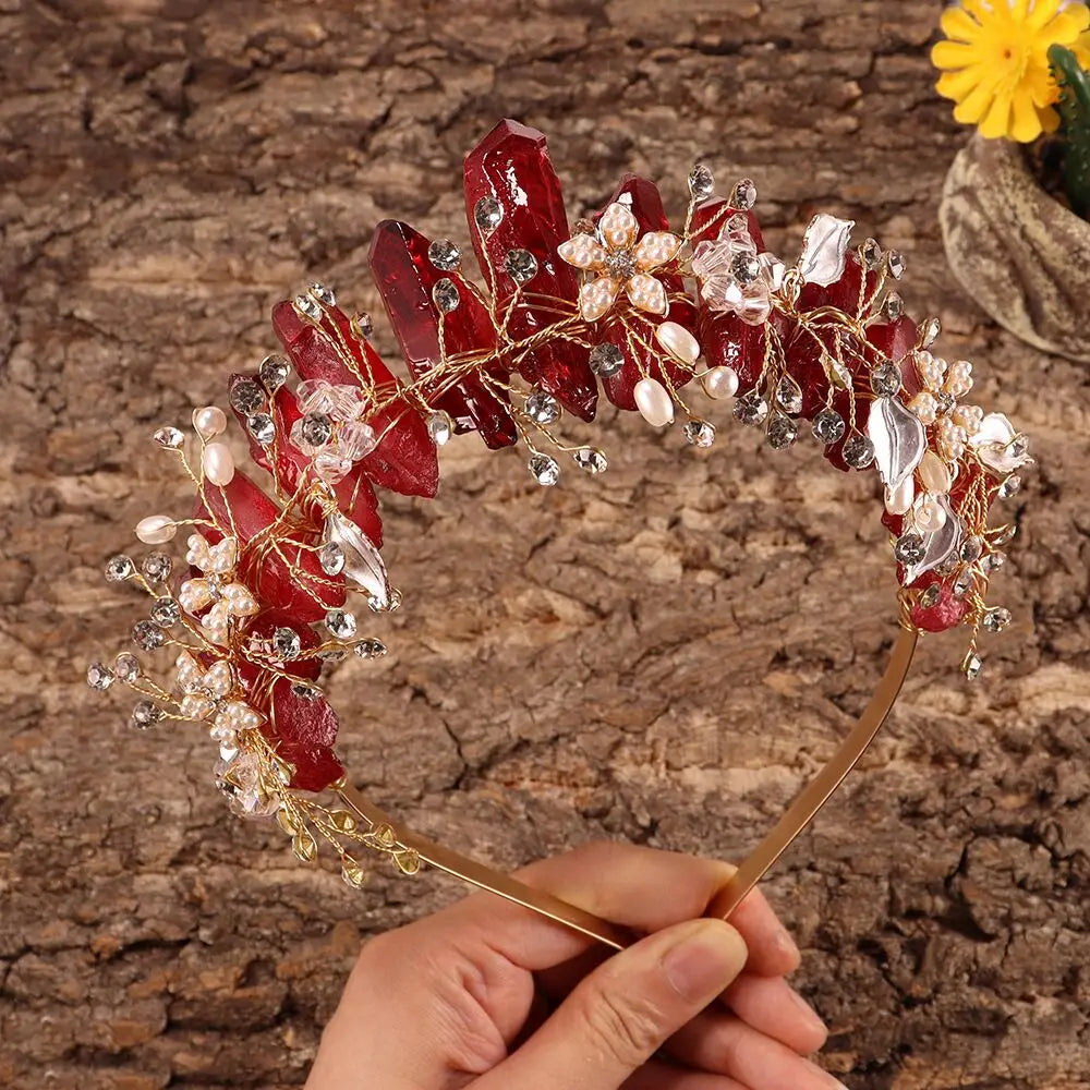 Natural Amethyst Quartz Crown Raw Stone Wand Hairpin with Flower Rhinestone Hand Crafted Women Hair Band for Party Birthday Gift