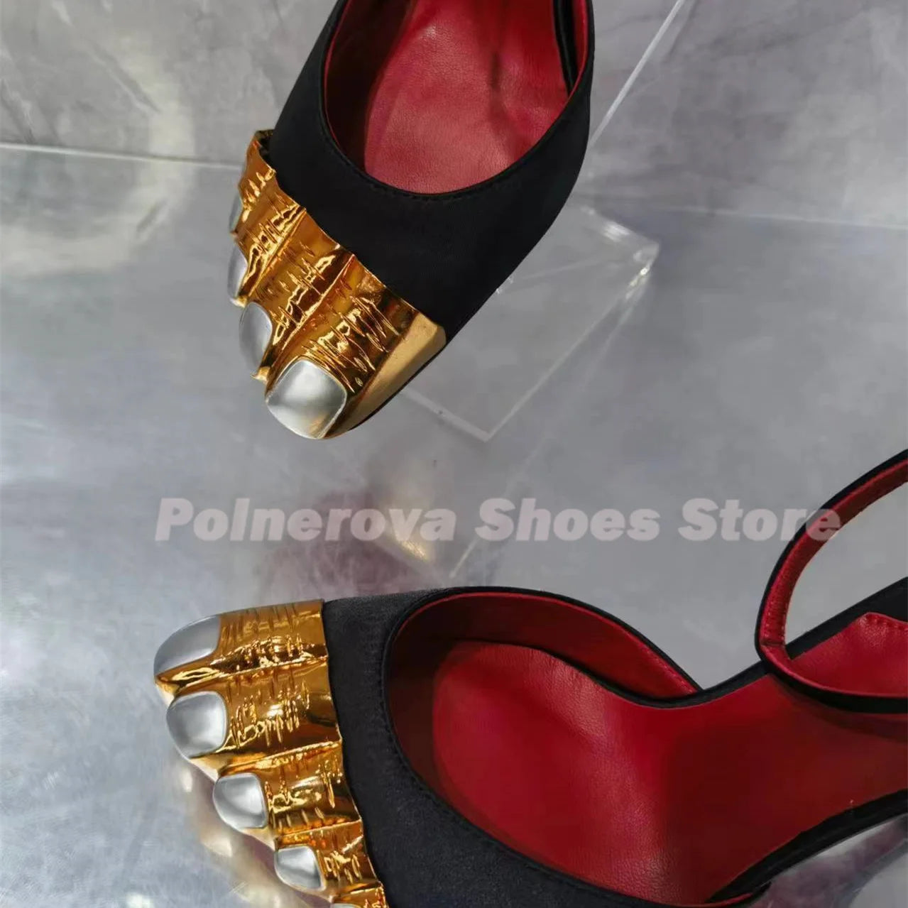 Gold Brass Toes Mules Women Slippers Stiletto Ankle Straps Summer Suede Ladies Summer Stiletto High Heels Luxury Brand Sandals