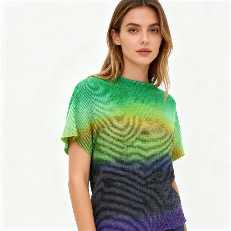 Miyake Pleated Women's Casual Tops 2026 Summer New Gradient Color Thin Stretch Half Turtleneck Short-sleeved T-shirt for Women