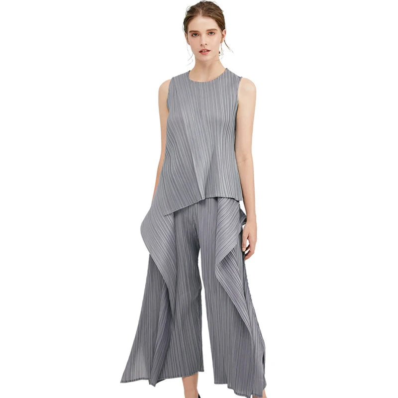 Miyake Irregular Designer Pleated Two Pieces Set Women Sleeveless Elegant Top Wide Leg Loose Trousers Summer Lady Clothing