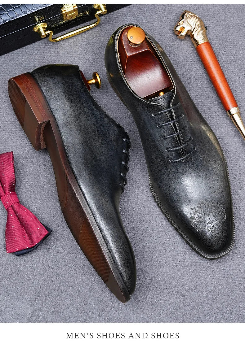 Elegant exclusive Men's Handmade Whole-Cut Leather Shoes | Genuine Cowhide, Leather Lining, Formal Business Wedding Dress Shoes