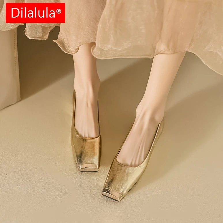 Fashion Genuine Leathe Pumps Women Metal Head Shallow Slip On Flats Office Ladies Low Heel Sheepskin Leather